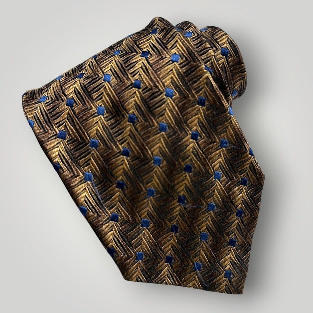 ERMENEGILDO ZEGNA Silk Tie Geometric  100% Silk Necktie Blue/Brown Made in Italy